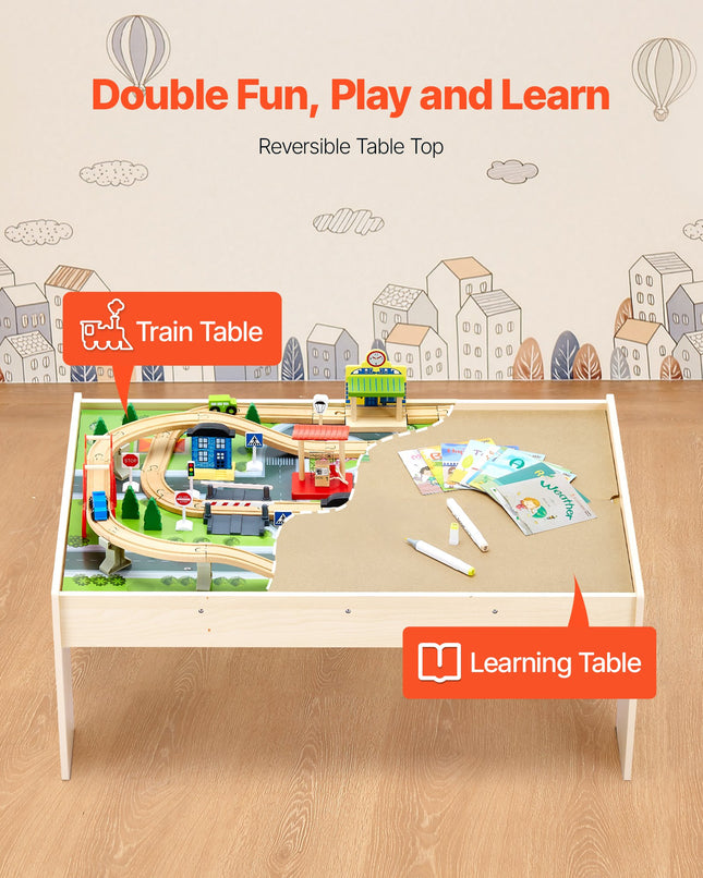84-Piece Wooden Train Table Set – Complete Kids' Activity Station with Collapsible Storage Bin – Durable Play Table for Toddlers & Children