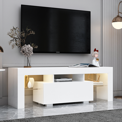 Large Modern Black TV Stand with LED Lights – Entertainment Center with Remote Control RGB Lighting – High Gloss Media Console for Big Screen TVs