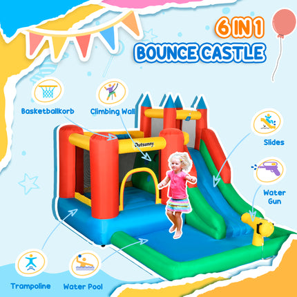 6-in-1 Inflatable Water Slide & Bounce House – Giant Bouncing Castle with Water Cannon, Climbing Wall & Splash Pool – Heavy Duty Outdoor Fun for Kids (Blower Included)