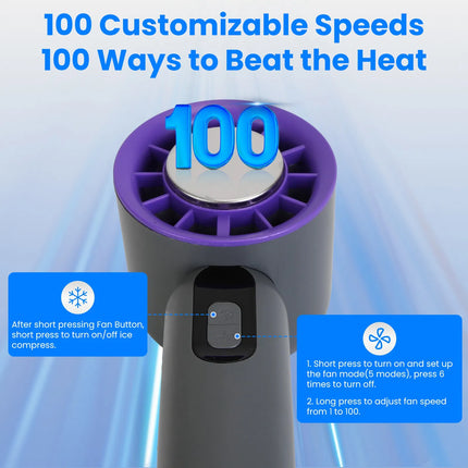 Handheld Turbo Fan with Ice Cooling Plate – 100-Speed Stepless Adjustment – 3000mAh Rechargeable Portable Fan with LCD Display – White