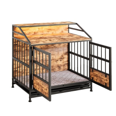 Luxury Furniture-Style Dog Crate with Storage Shelves – Large Wooden Pet Kennel with Double Doors – Decorative Dog House & Console Table (Rustic Brown)