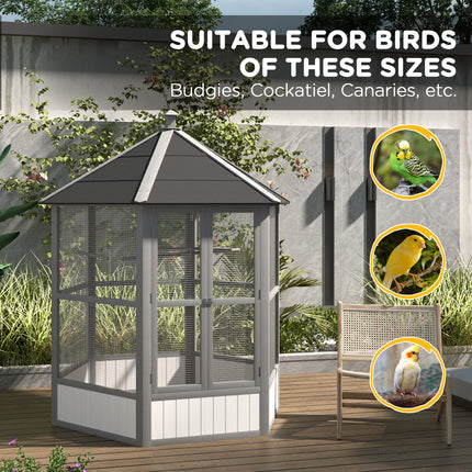 69" Modern Light Gray Wooden Aviary – Hexagonal Outdoor Bird Flight Cage with Weatherproof Roof – Elegant Large Bird House