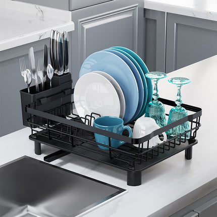 Compact Dish Drying Rack with Integrated Drainboard – Modern Kitchen Tableware Organizer & Utensil Hold