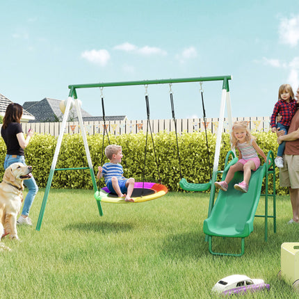 Metal Swing Set with Slide and Saucer Swing – Heavy-Duty A-Frame Stand – Adjustable Rope Outdoor Playset for Backyard – Dark Green