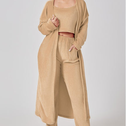 3-Piece Fluffy Lounge Set – Ultra-Soft Plush Knit Pajama Set – Cozy Crop Top, High Waist Pants & Long Cardigan Trio – Winter Warm Sleepwear