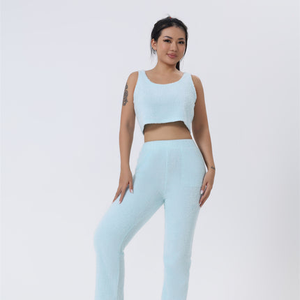 3-Piece Fluffy Lounge Set – Ultra-Soft Plush Knit Pajama Set – Cozy Crop Top, High Waist Pants & Long Cardigan Trio – Winter Warm Sleepwear