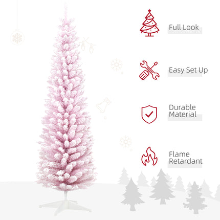 7-Foot Pink Snow Flocked Artificial Christmas Tree – Slim Pencil Holiday Tree with Realistic Branches & Metal Stand for Festive Home Decor