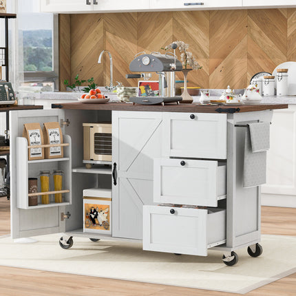 Farmhouse Rolling Kitchen Island with Power Outlet – Expandable Drop Leaf Countertop – Ample Storage with Drawers & Spice Rack – Mobile White Kitchen Cart for Dining & Prep