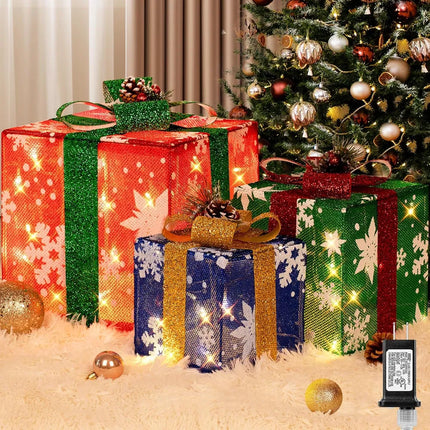 Pre-Lit Christmas Gift Box Decorations – 3-Piece Glittery Outdoor Present Set with 70 Warm White LEDs for Holiday Yard & Porch Decor