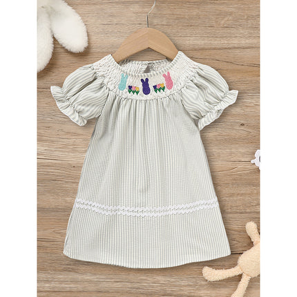 Baby Girl Easter Bunny Smocked Dress – Hand-Embroidered Rabbit & Carrot Party Outfit – Vintage Style Short Sleeve Spring Dress