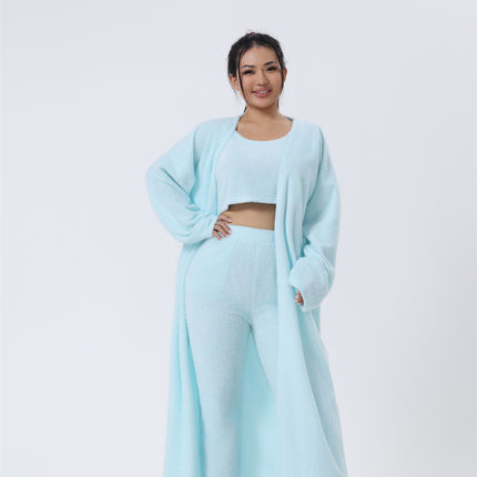 3-Piece Fluffy Lounge Set – Ultra-Soft Plush Knit Pajama Set – Cozy Crop Top, High Waist Pants & Long Cardigan Trio – Winter Warm Sleepwear