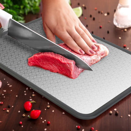 ProPrep™ Multi-Functional Chopping Board – Antibacterial Stainless Steel Surface with Knife Sharpener Handle