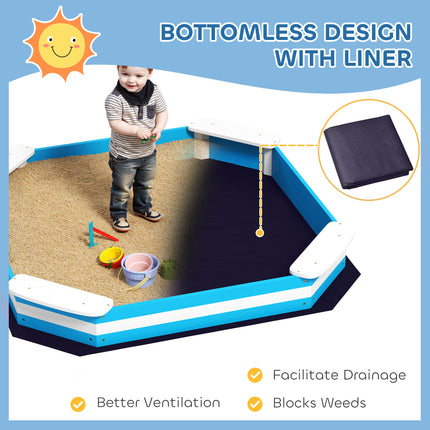 52" Kids Square Wooden Sandbox with 4 Corner Seats – Outdoor Garden Sandpit with Protective Bottom Liner – Blue Sensory Play Station