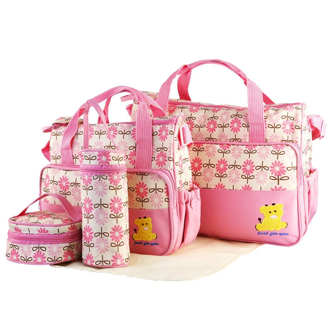 5pcs Baby Diaper Bag Set – Multi-Functional Mummy Travel Tote – Large Capacity Shoulder Bag with Changing Pad & Insulated Bottle Bag