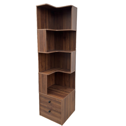 Walnut Corner Bookshelf with LED Lights – 4-Tier L-Shaped Display Stand with Drawers for Living Room & Home Office