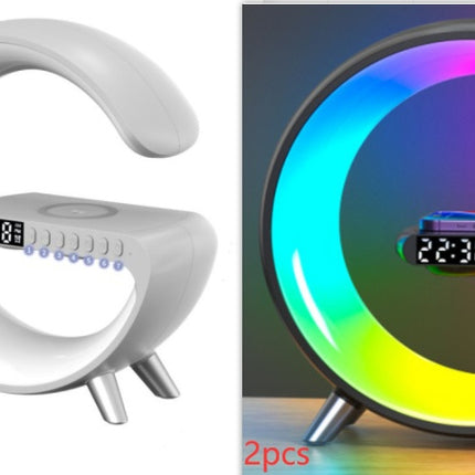 5-in-1 Smart G-Shaped LED Lamp – Bluetooth Speaker & 15W Fast Wireless Charger – RGB Atmosphere Night Light with APP Control
