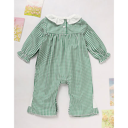St. Patrick’s Day Baby Girl Romper – Green Plaid & Four-Leaf Clover Print Bodysuit – Long Sleeve Lucky Charm Outfit
