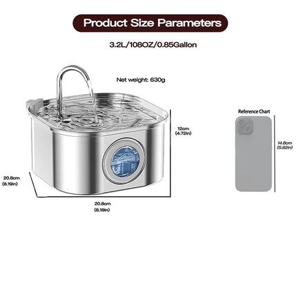 3.2L Stainless Steel Cat Water Fountain – 108oz Automatic Dog Water Dispenser with Water Level Window – Ultra-Quiet Filtered Drinking Fountain