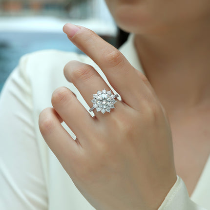 Sunflower Halo Statement Ring – 3 Carat Moissanite Brilliant Cut – S925 Sterling Silver Platinum Plated – Luxury Engagement & Promise Ring