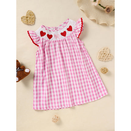 Baby Girl Valentine's Day Smocked Dress – Pink Plaid Heart Embroidery Party Outfit – Ruffle Sleeve Vintage Style Holiday Dress