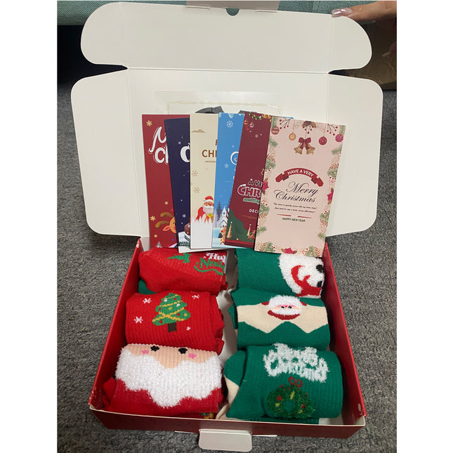 6-Pair Premium Christmas Socks Gift Box – Luxury Winter Warm Stockings with 6 Holiday Greeting Cards – Perfect Xmas Present for Her & Him