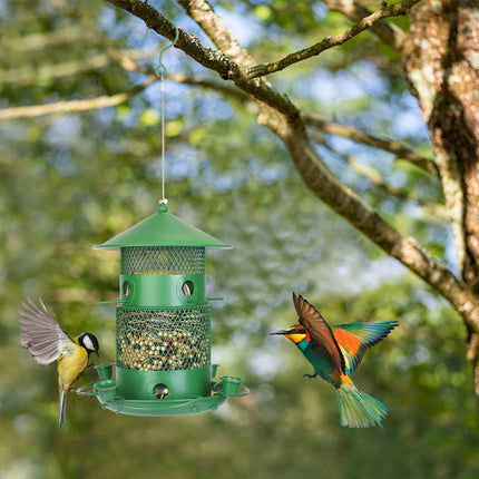 All-Metal Squirrel-Proof Bird Feeder – Chew-Proof Hanging Seed Dispenser with 360° Circular Perch & Integrated Water Cups – Heavy Duty Outdoor Feeder