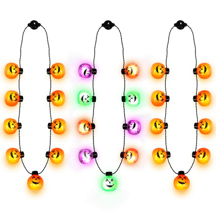 3pcs Halloween LED Light-Up Necklaces – Glow in the Dark Pumpkin Pendants – Spooky Party Favors & Costume Accessories for Kids