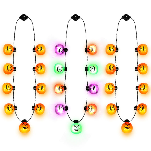 3pcs Halloween LED Light-Up Necklaces – Glow in the Dark Pumpkin Pendants – Spooky Party Favors & Costume Accessories for Kids