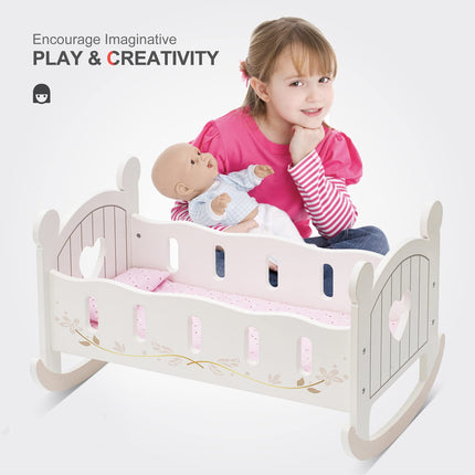 Robotime 2-in-1 Wooden Doll Cradle – Reversible Rocking Crib & Bed for 18-Inch Dolls – Premium Pretend Play Doll Furniture