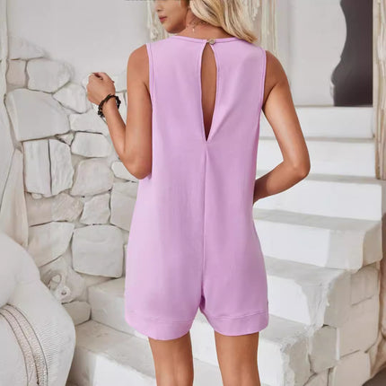 Women's Effortless Cotton Blend Shorts Jumpsuit – Stylish Sleeveless Romper with Pockets – Comfortable Loose Fit for Summer Beach & Casual Wear