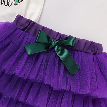 Baby Girl Mardi Gras 3-Piece Outfit Set – Ruffle Sleeve Letter Print Bodysuit, Mesh Tutu Skirt & Headband – Festive Carnival Costume