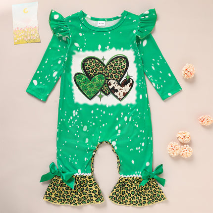 Baby Girl St. Patrick’s Day Flare Romper – Green Clover & Leopard Print Jumpsuit – Ruffle Sleeve Bell Bottom Onesie