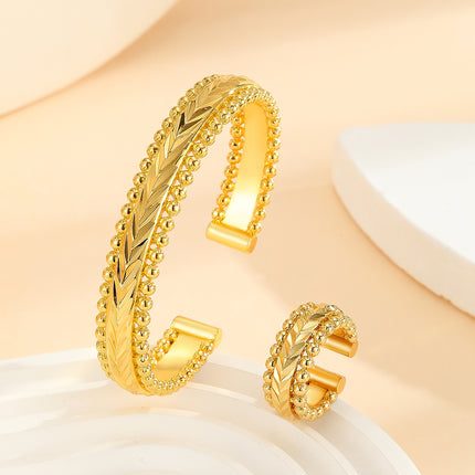 2Pcs Vintage Gold Plated Jewelry Set – Adjustable Open Cuff Bracelet & Matching Ring – Textured Metallic Jewelry for Women’s Festivals & Weddings