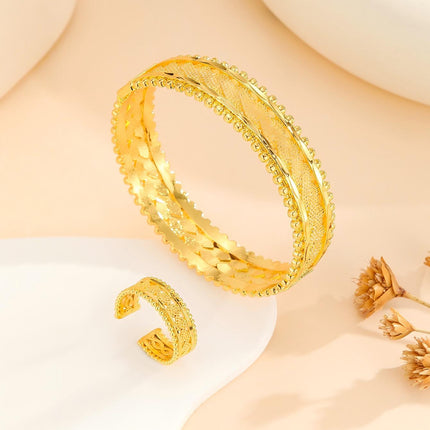 2Pcs Vintage Gold Plated Jewelry Set – Adjustable Open Cuff Bracelet & Matching Ring – Textured Metallic Jewelry for Women’s Festivals & Weddings