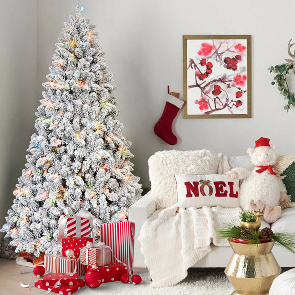 6ft Pre-Lit Flocked Artificial Christmas Tree – 350 Colorful LED Lights & Pine Cones for Festive Holiday Home Decor