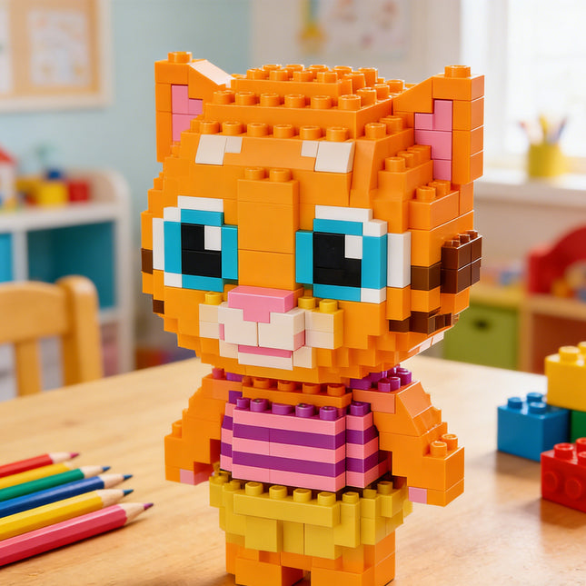 Brown Cat Micro Building Blocks – 3D Nano Brick Kitten Figurine – Educational DIY Puzzle for Adults & Kids – Creative Home Decor Gift