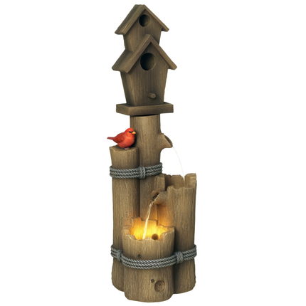 Outdoor Fountain with Birdhouse – 3-Tier Cascading Tree Trunk Waterfall – Rustic Log Design Bird Bath with LED Lights for Garden & Yard