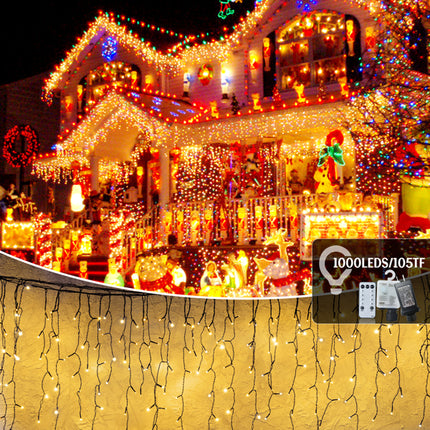32-Meter Professional Icicle Lights – 1000 LED Warm White Fairy Lights – Extra Long Waterfall Lights for Roof, Eave & Outdoor Holiday Decor
