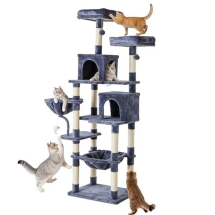 71" Large Multi-Level Cat Tree Tower – Luxury Cat Climbing Condo with Deep Hammock, Extended Platforms & Natural Sisal Scratching Posts (Grey)