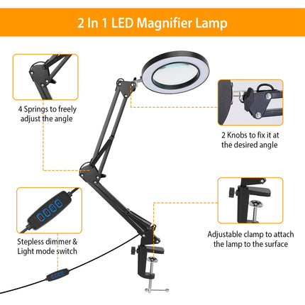 8X LED Magnifying Lamp with Clamp & Stand – 2-in-1 Swing Arm Desk Lamp – 3 Color Modes & 10 Brightness Levels for Craft, Repair, and Reading