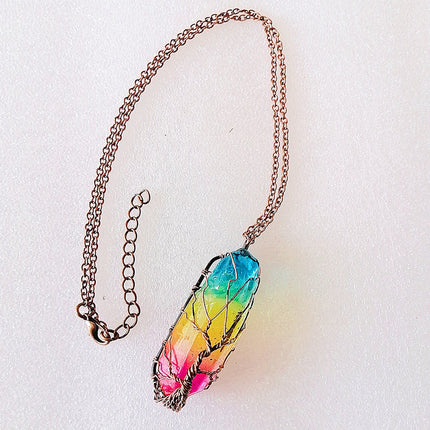 Natural Crystal Pillar Tree of Life Pendant – Hand-Wrapped Wire Stone Necklace – Spiritual Healing Jewelry for Women