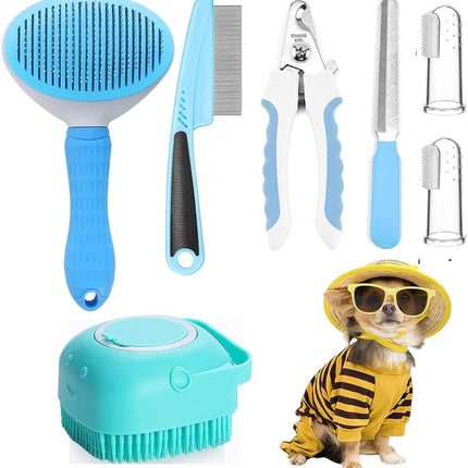 7-in-1 Professional Pet Grooming Kit – Self-Cleaning Slicker Brush, Nail Clipper, Bath Brush & Flea Comb Set – All-in-One Grooming Supplies for Dogs & Cats