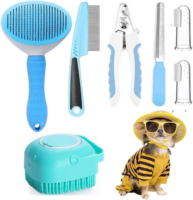 7-in-1 Professional Pet Grooming Kit – Self-Cleaning Slicker Brush, Nail Clipper, Bath Brush & Flea Comb Set – All-in-One Grooming Supplies for Dogs & Cats
