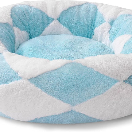 Mewoofun Donut Cat Bed – 23-Inch Calming Round Pet Bed – Blue Check Jacquard Shaggy Plush Bed for Indoor Cats & Small Dogs