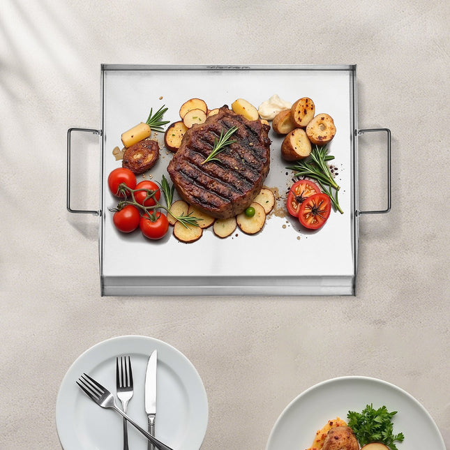 Universal Flat Top Grill Plate – High-Polished Stainless Steel Griddle for Burgers, Hibachi & Breakfast – 18 x 16 Inch