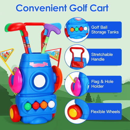 Kids Golf Club Set with Wheeled Golf Cart – Indoor & Outdoor Toddler Golf Game – Includes 4 Clubs, 4 Balls, 2 Holes & Flags – Sports Toy for Kids Ages 3-5