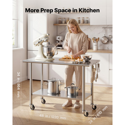Stainless Steel Commercial Work Table – Heavy Duty 24x48 Inch Food Prep Station with Wheels and Adjustable Undershelf for Kitchens & Garages
