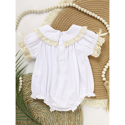 Baby Girl White Lace Smocked Romper – Vintage Floral Embroidery Bubble Jumpsuit – Elegant Wedding & Christening Outfit