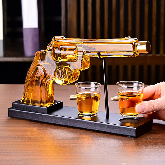 Luxury Whiskey Gun Decanter Set with Mahogany Wooden Stand – 2 Bullet Embedded Glasses – Unique Pistol Liquor Dispenser Gift for Dad, Husband & Men