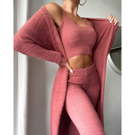 3-Piece Fluffy Lounge Set – Ultra-Soft Plush Knit Pajama Set – Cozy Crop Top, High Waist Pants & Long Cardigan Trio – Winter Warm Sleepwear